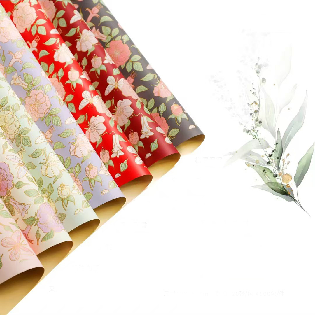 MYHC-76 gullkantet vintage kameliamønster perleskimrende film blomsterinnpakningspapir