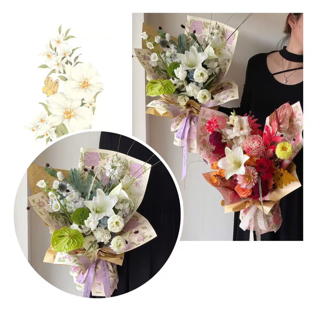 MYHC-76 gullkantet vintage kameliamønster perleskimrende film blomsterinnpakningspapir