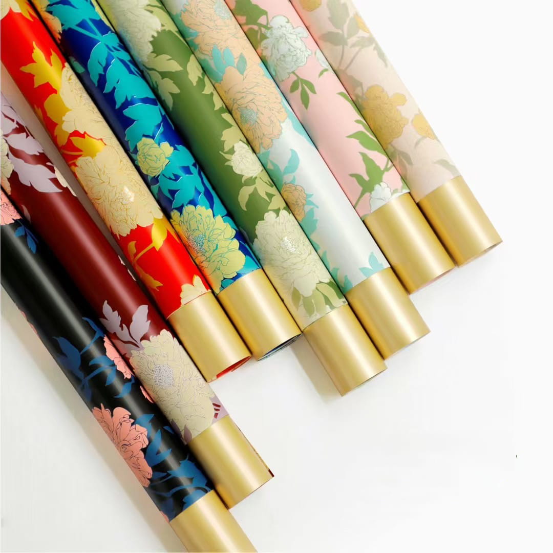 MYHC-78 Gold-Border kinesisk stil Peony mønster perleskimrende film blomster innpakningspapir