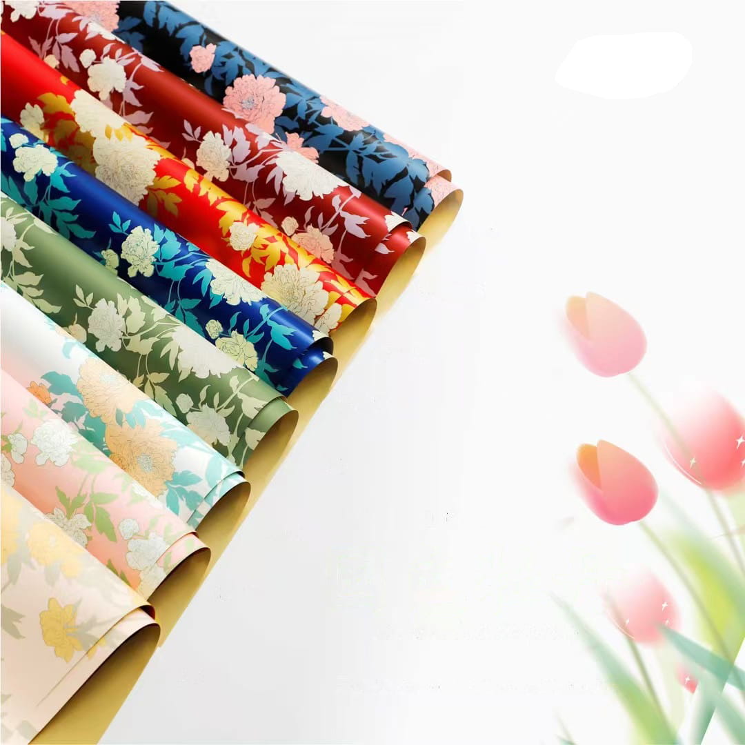 MYHC-78 Gold-Border kinesisk stil Peony mønster perleskimrende film blomster innpakningspapir